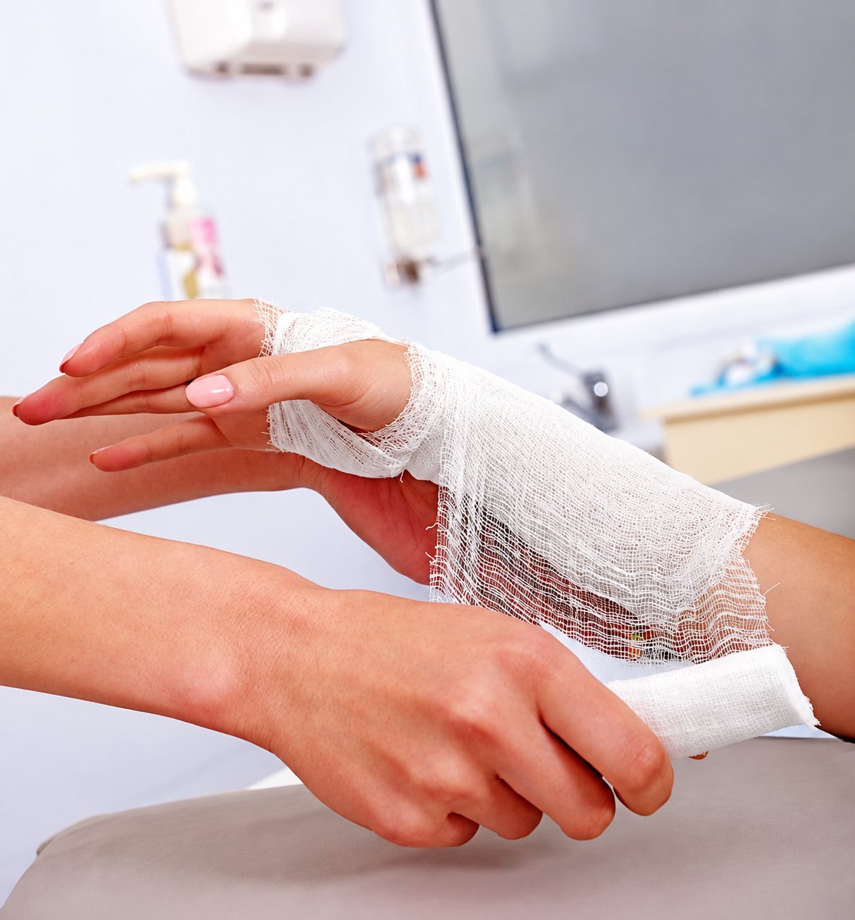 Pose d’un bandage de gaze sur la main et le poignet